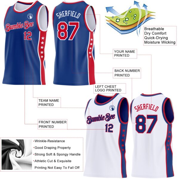 Custom Reversible Royal Red-White Double Side Star Sublimation Basketball Suit Jersey