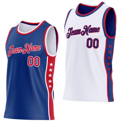 Custom Reversible Royal Red-White Double Side Star Sublimation Basketball Suit Jersey