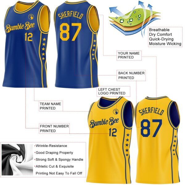 Custom Reversible Royal Gold Double Side Star Sublimation Basketball Suit Jersey