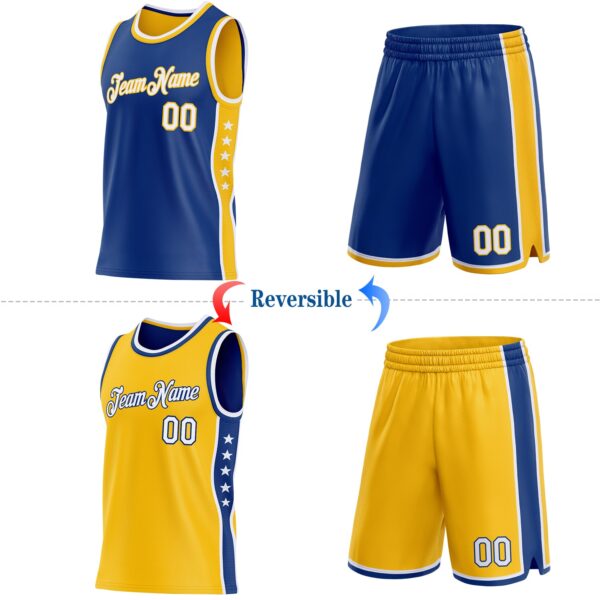 Custom Reversible Royal White-Gold Double Side Star Sublimation Basketball Suit Jersey