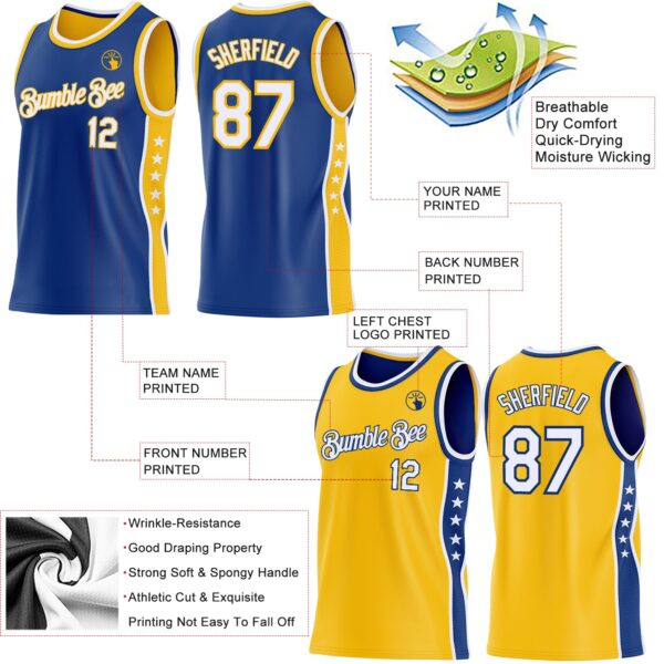 Custom Reversible Royal White-Gold Double Side Star Sublimation Basketball Suit Jersey
