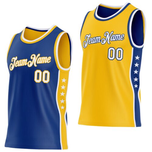 Custom Reversible Royal White-Gold Double Side Star Sublimation Basketball Suit Jersey