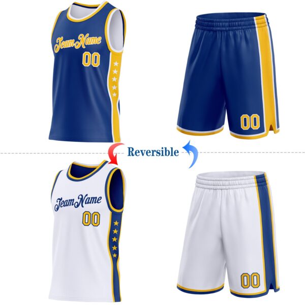 Custom Reversible Royal Gold-White Double Side Star Sublimation Basketball Suit Jersey