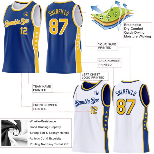 Custom Reversible Royal Gold-White Double Side Star Sublimation Basketball Suit Jersey