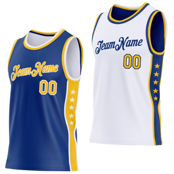 Custom Reversible Royal Gold-White Double Side Star Sublimation Basketball Suit Jersey
