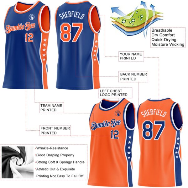 Custom Reversible Royal Orange-White Double Side Star Sublimation Basketball Suit Jersey