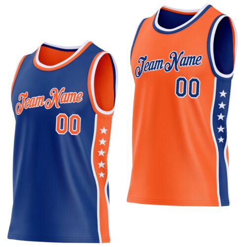 Custom Reversible Royal Orange-White Double Side Star Sublimation Basketball Suit Jersey