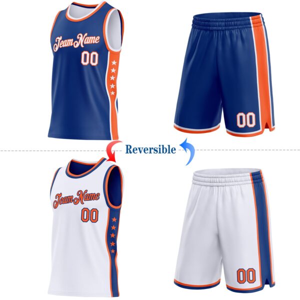Custom Reversible Royal White-Orange Double Side Star Sublimation Basketball Suit Jersey
