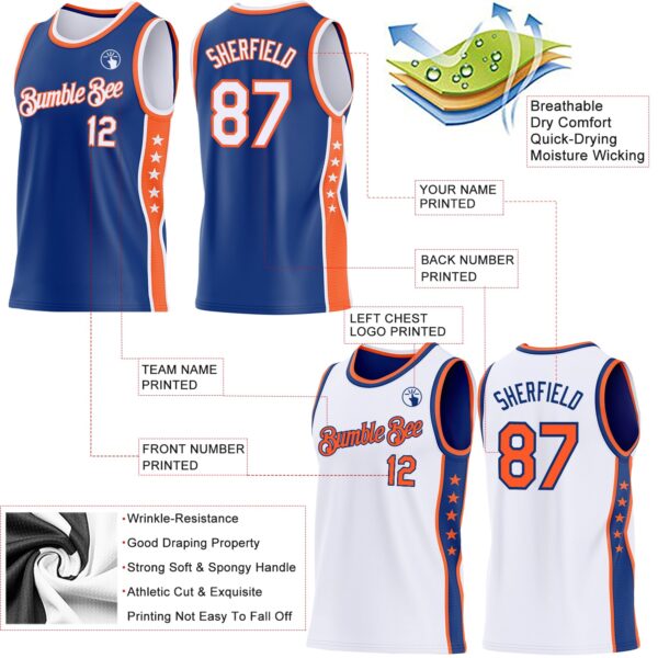Custom Reversible Royal White-Orange Double Side Star Sublimation Basketball Suit Jersey