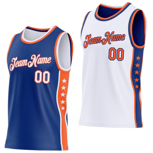 Custom Reversible Royal White-Orange Double Side Star Sublimation Basketball Suit Jersey