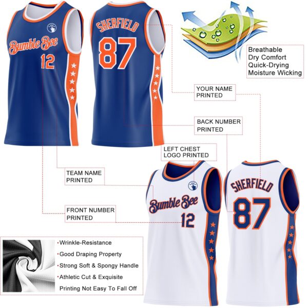 Custom Reversible Royal Orange-White Double Side Star Sublimation Basketball Suit Jersey