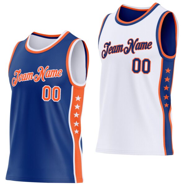 Custom Reversible Royal Orange-White Double Side Star Sublimation Basketball Suit Jersey