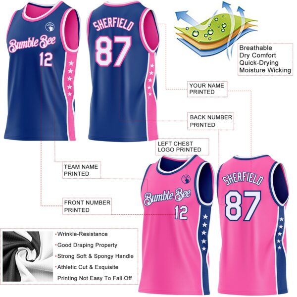 Custom Reversible Royal White-Pink Double Side Star Sublimation Basketball Suit Jersey