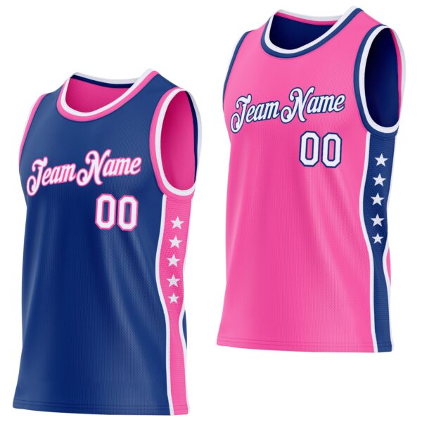 Custom Reversible Royal White-Pink Double Side Star Sublimation Basketball Suit Jersey