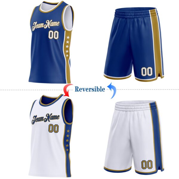 Custom Reversible Royal White-Old Gold Double Side Star Sublimation Basketball Suit Jersey