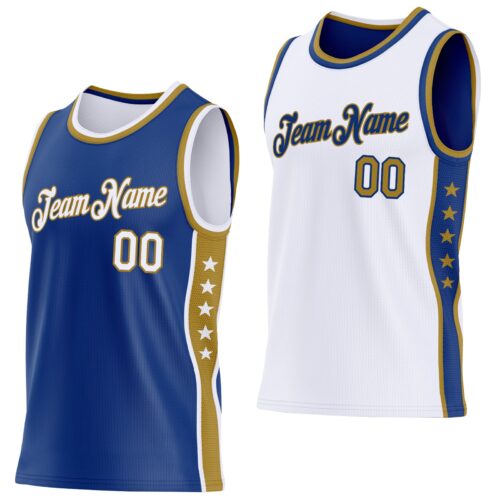 Custom Reversible Royal White-Old Gold Double Side Star Sublimation Basketball Suit Jersey