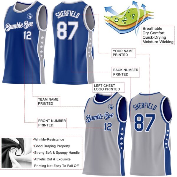 Custom Reversible Royal White-Gray Double Side Star Sublimation Basketball Suit Jersey