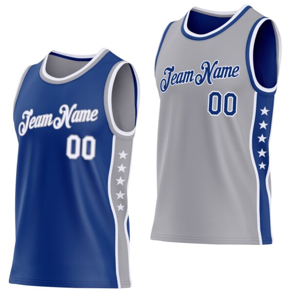 Custom Reversible Royal White-Gray Double Side Star Sublimation Basketball Suit Jersey