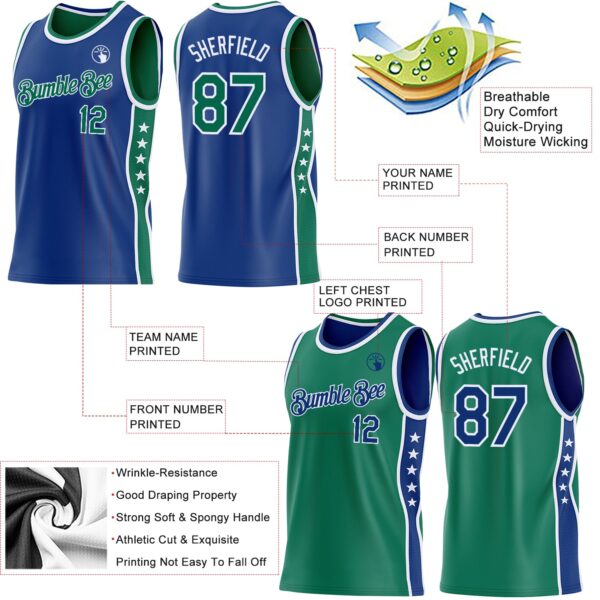 Custom Reversible Royal Kelly Green-White Double Side Star Sublimation Basketball Suit Jersey