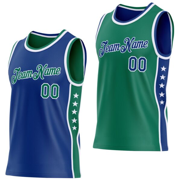 Custom Reversible Royal Kelly Green-White Double Side Star Sublimation Basketball Suit Jersey