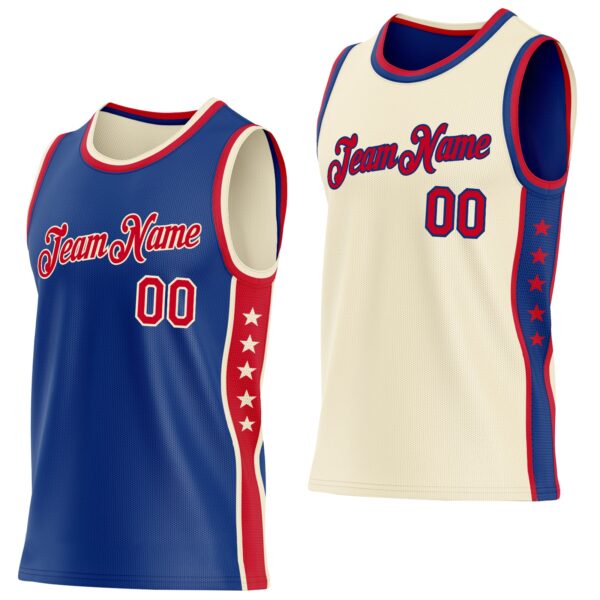 Custom Reversible Royal Red-Cream Double Side Star Sublimation Basketball Suit Jersey