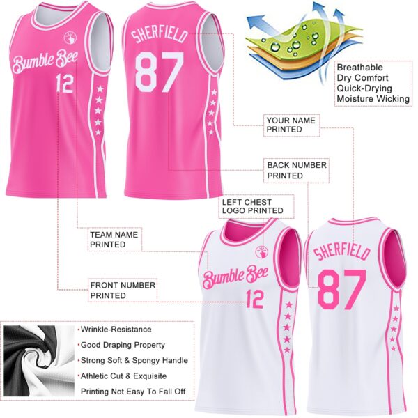Custom Reversible Pink White Double Side Star Sublimation Basketball Suit Jersey