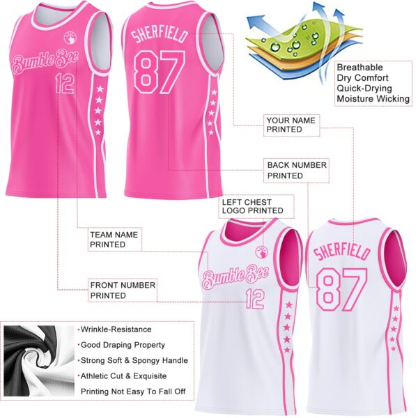 Custom Reversible Pink White Double Side Star Sublimation Basketball Suit Jersey