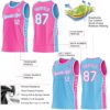 Custom Reversible Pink White-Sky Blue Double Side Star Sublimation Basketball Suit Jersey