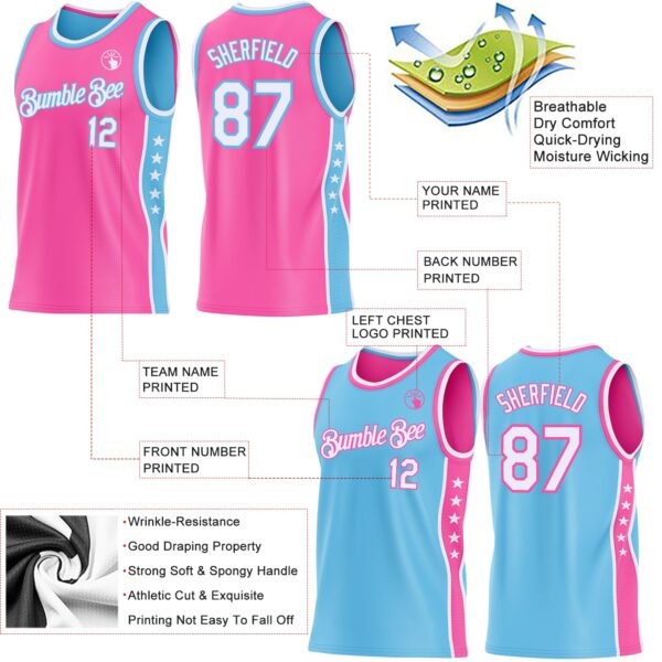 Custom Reversible Pink White-Sky Blue Double Side Star Sublimation Basketball Suit Jersey