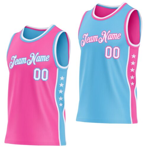 Custom Reversible Pink White-Sky Blue Double Side Star Sublimation Basketball Suit Jersey