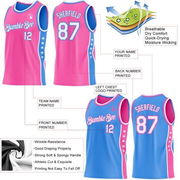 Custom Reversible Pink White-Powder Blue Double Side Star Sublimation Basketball Suit Jersey