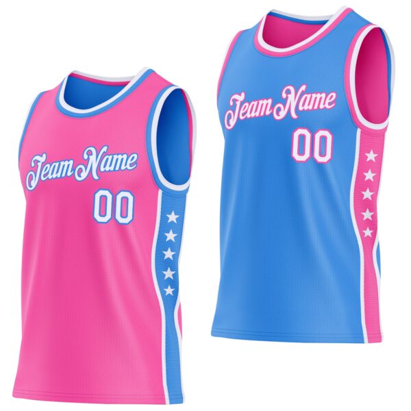 Custom Reversible Pink White-Powder Blue Double Side Star Sublimation Basketball Suit Jersey