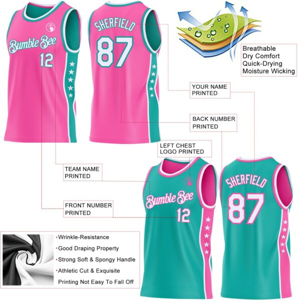 Custom Reversible Pink White-Aqua Double Side Star Sublimation Basketball Suit Jersey