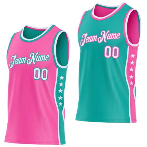 Custom Reversible Pink White-Aqua Double Side Star Sublimation Basketball Suit Jersey