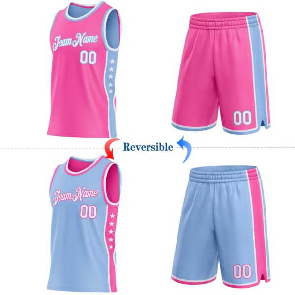 Custom Reversible Pink White-Light Blue Double Side Star Sublimation Basketball Suit Jersey