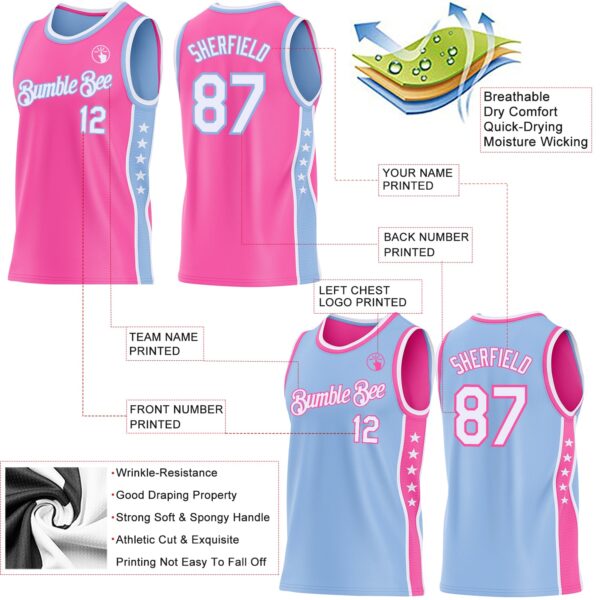 Custom Reversible Pink White-Light Blue Double Side Star Sublimation Basketball Suit Jersey