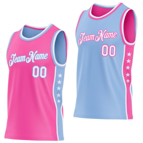 Custom Reversible Pink White-Light Blue Double Side Star Sublimation Basketball Suit Jersey