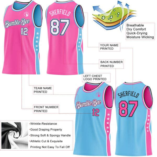 Custom Reversible Pink White Sky Blue-Black Double Side Star Sublimation Basketball Suit Jersey
