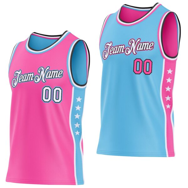 Custom Reversible Pink White Sky Blue-Black Double Side Star Sublimation Basketball Suit Jersey