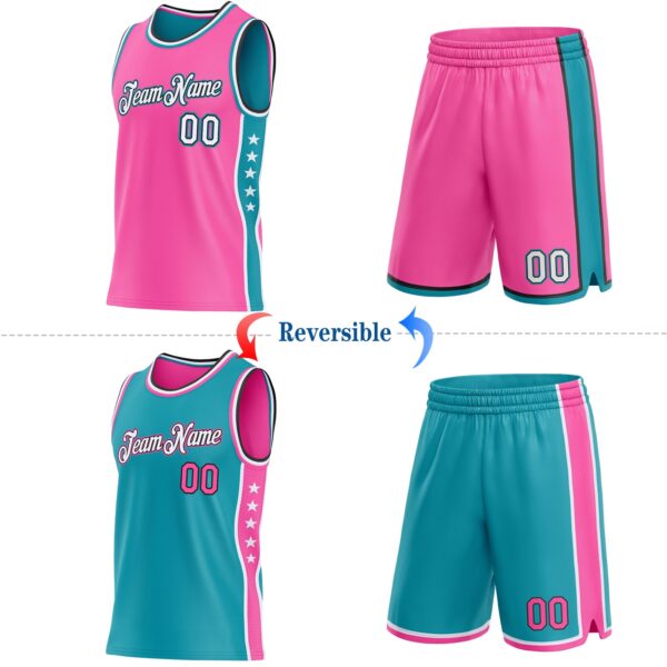 Custom Reversible Pink White Teal-Black Double Side Star Sublimation Basketball Suit Jersey