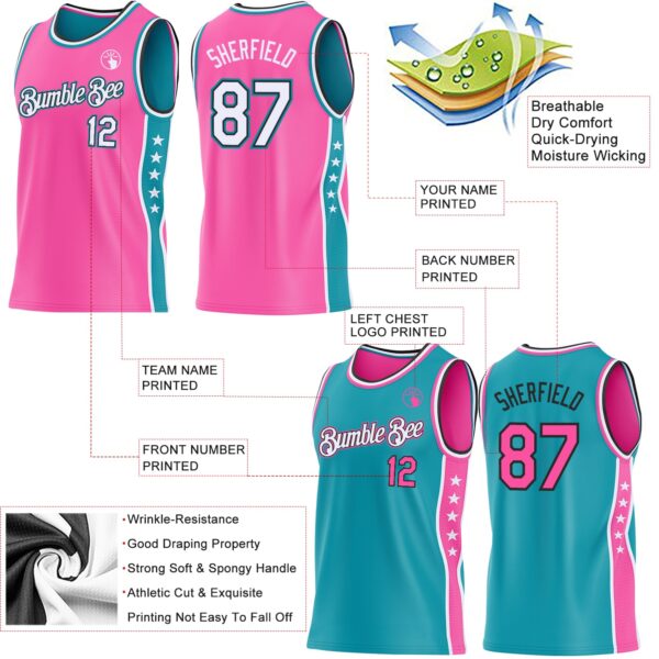 Custom Reversible Pink White Teal-Black Double Side Star Sublimation Basketball Suit Jersey