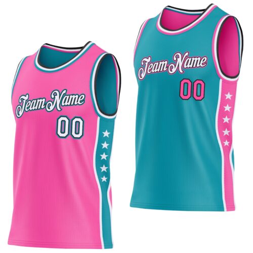 Custom Reversible Pink White Teal-Black Double Side Star Sublimation Basketball Suit Jersey