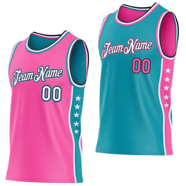 Custom Reversible Pink White Teal-Black Double Side Star Sublimation Basketball Suit Jersey