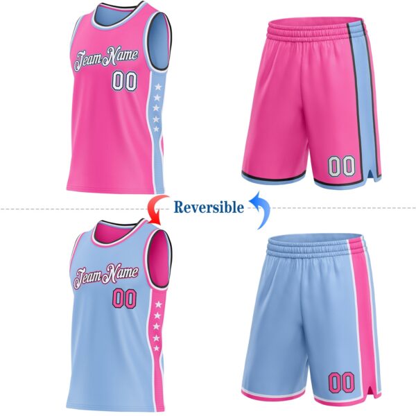 Custom Reversible Pink White Light Blue-Black Double Side Star Sublimation Basketball Suit Jersey