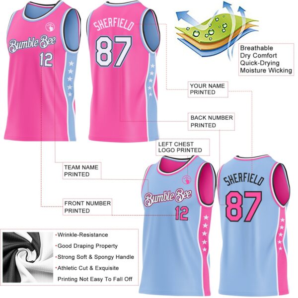 Custom Reversible Pink White Light Blue-Black Double Side Star Sublimation Basketball Suit Jersey