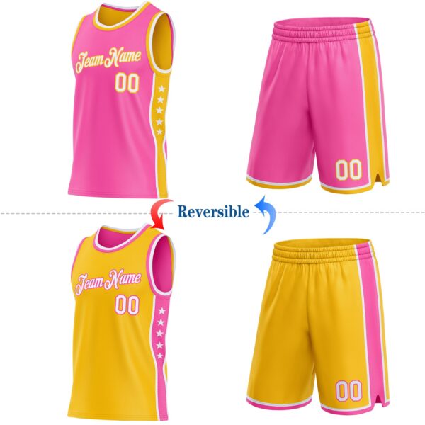 Custom Reversible Pink White-Gold Double Side Star Sublimation Basketball Suit Jersey