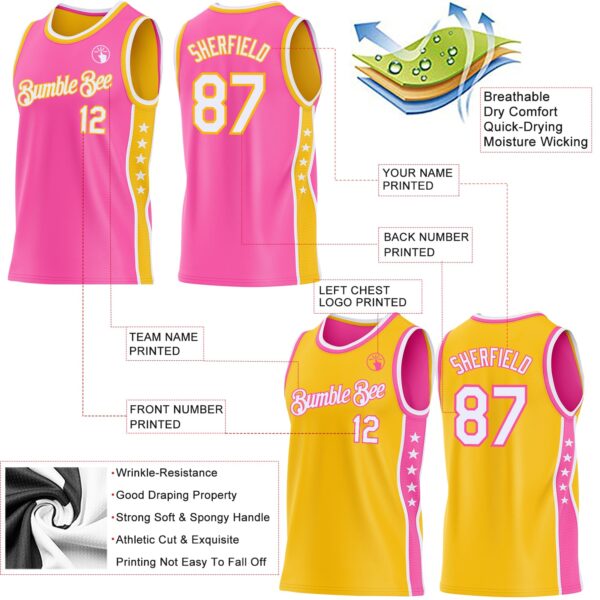 Custom Reversible Pink White-Gold Double Side Star Sublimation Basketball Suit Jersey