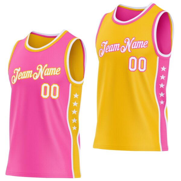 Custom Reversible Pink White-Gold Double Side Star Sublimation Basketball Suit Jersey