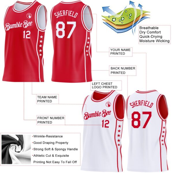 Custom Reversible Red White Double Side Star Sublimation Basketball Suit Jersey