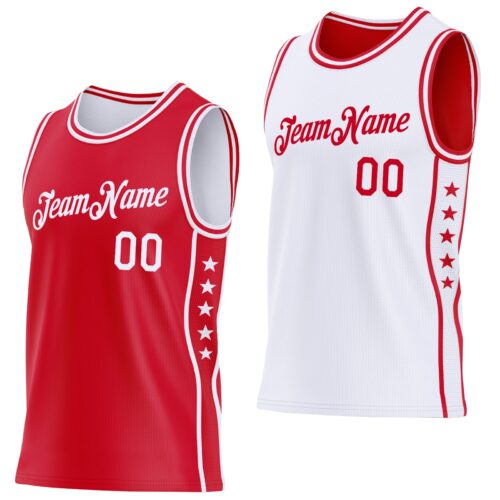 Custom Reversible Red White Double Side Star Sublimation Basketball Suit Jersey